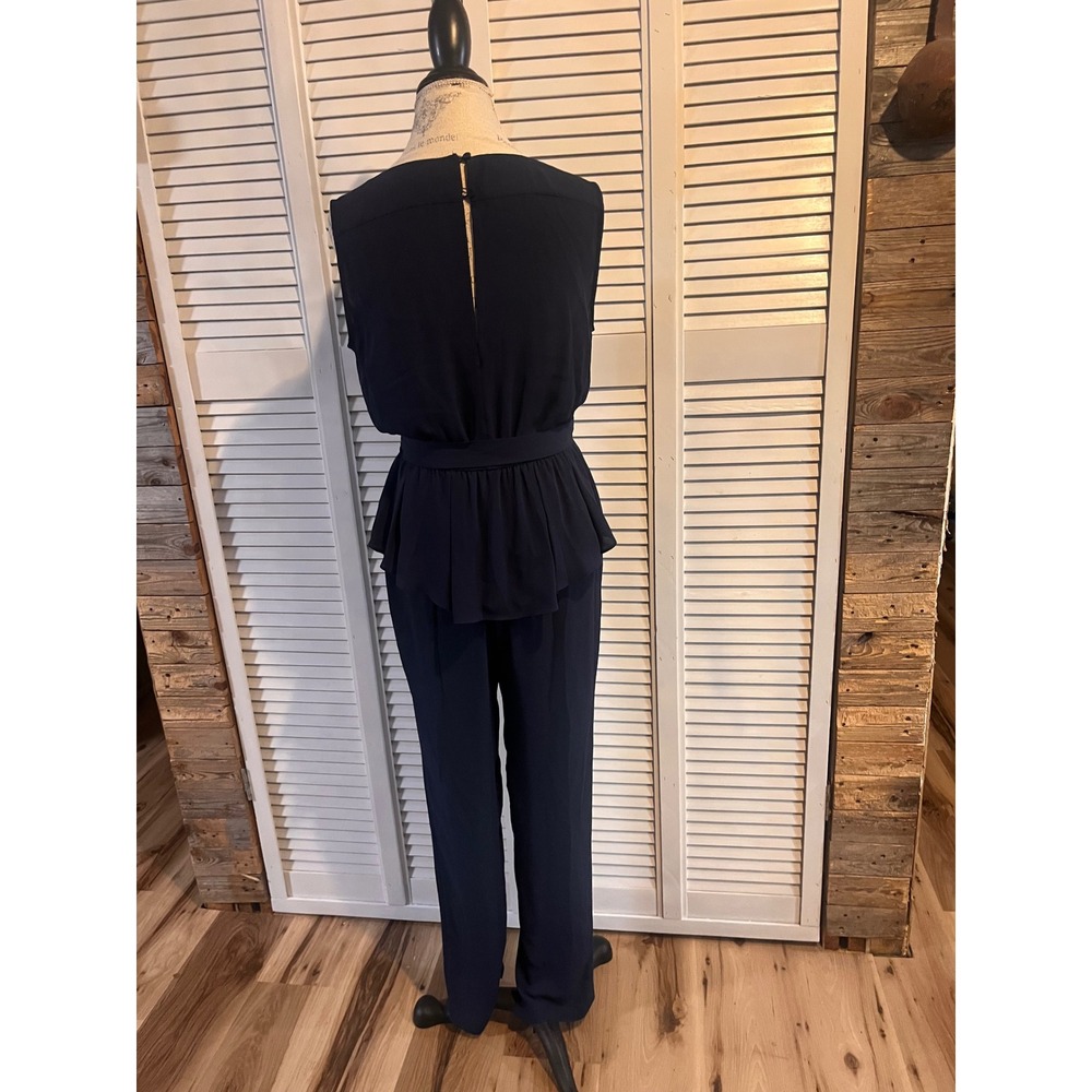 BCBGMAXAZRIA Navy Blue Peplum Sleeveless Jumpsuit V-Neck Tie Waist Small - Picture 2 of 3